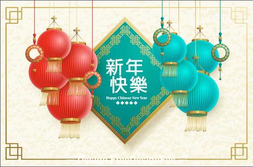 Chinese new year greeting card and lantern vector 02