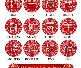 Chinese zodiac signs seal character design vector