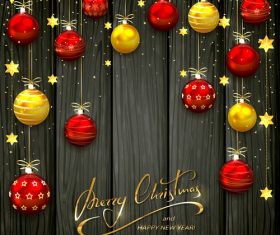 Christmas balls and stars on black wooden background vector