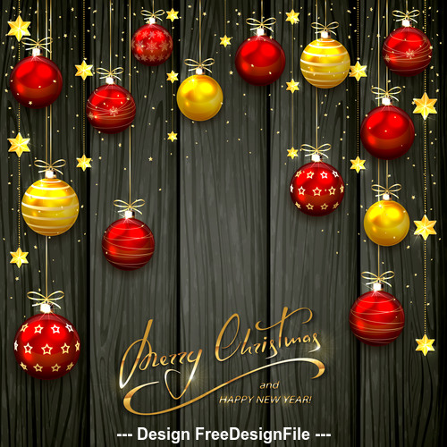 Christmas balls and stars on black wooden background vector