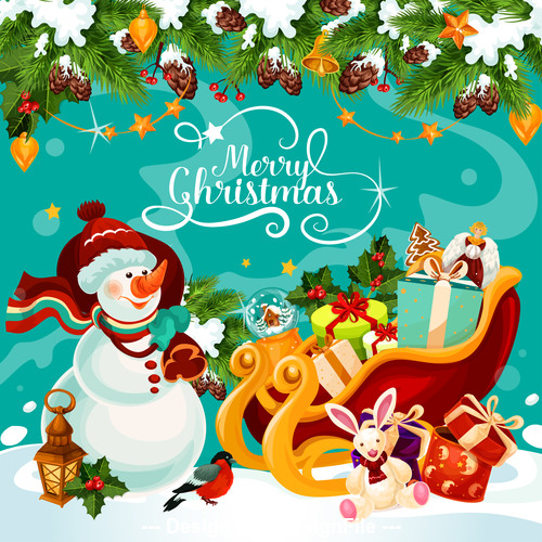 Christmas cute snowman and gift background cartoon vector
