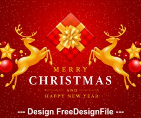 Christmas gift and flying gold deer christmas new year card vector