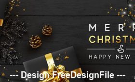 Christmas gift box and pine cones gold confetti vector on the desktop