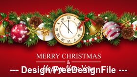 Clock and holly dotted decorated christmas banner vector