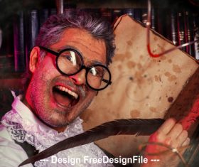 Crazy medieval scientist working with old manuscripts Halloween Stock Photo
