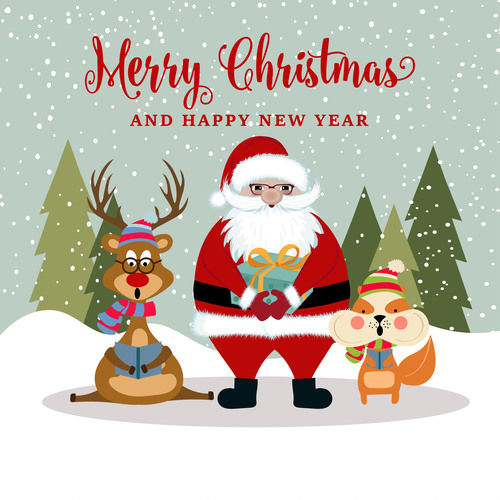 Cute animal and santa claus and gift cartoon element vector