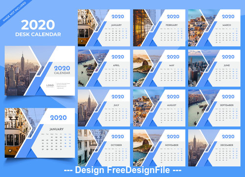 Desk calendar 2020 blue template vector