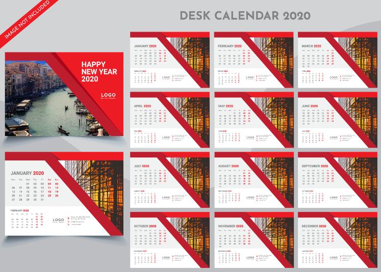 Desk calendar 2020 red with white template vector