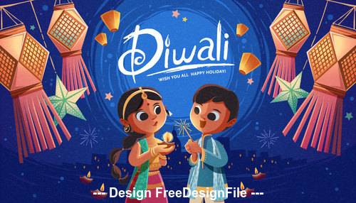 Diwali cartoon children lantern vector free download