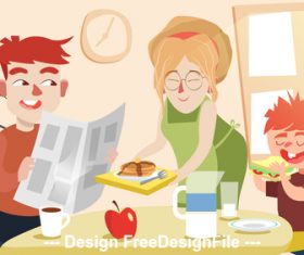 Family breakfast cartoon illustration vector