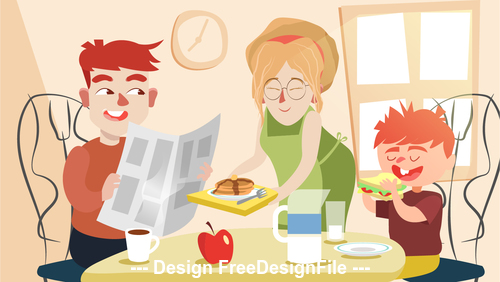 Family breakfast cartoon illustration vector