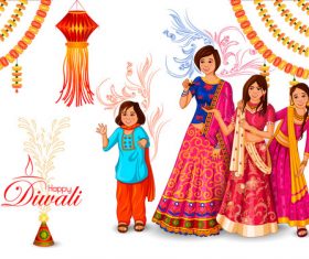 Family celebrates Diwali of India vector