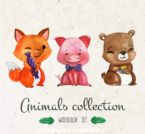 Fox and pig colorful watercolor animal painting vector
