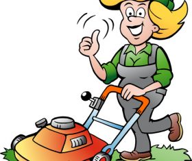Gardener lady lawnmower vector