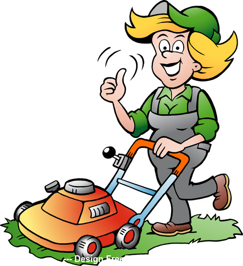 Gardener lady lawnmower vector
