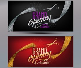 Grand Opening banners with abstract gold and silver ribbons and scissors vector