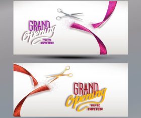 Grand Opening banners with abstract red and pink ribbon and scissors vector