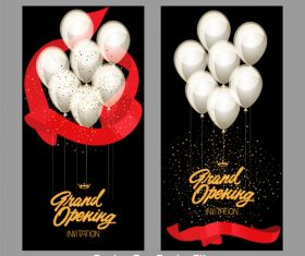 Grand opening cards with gold starry confetti and red glossy ribbons Vector illustration