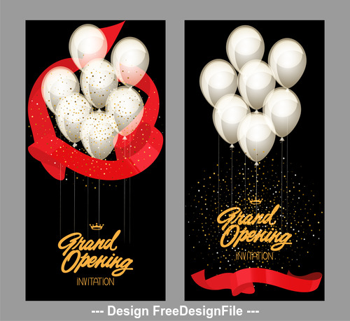 Grand opening cards with gold starry confetti and red glossy ribbons Vector illustration