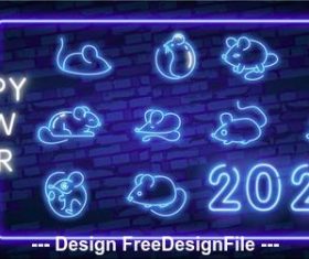 Happy 2020 rat year neon greeting card vector