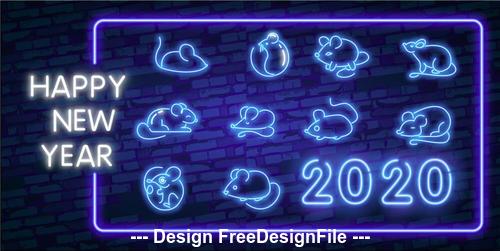 Happy 2020 rat year neon greeting card vector