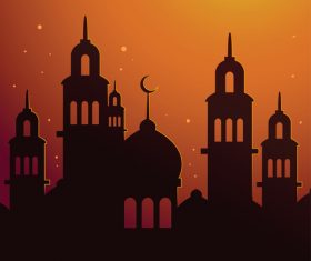 Islamic Mosque Silhouette With Sunset Sky Poster Background silhouette vector