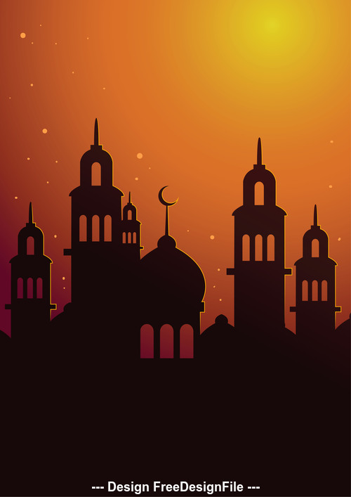 Islamic Mosque Silhouette With Sunset Sky Poster Background silhouette vector