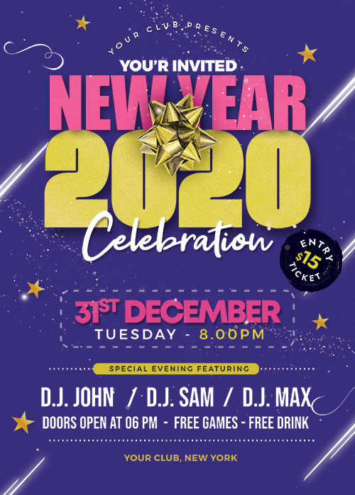 New Year 2020 Party Poster PSD Template