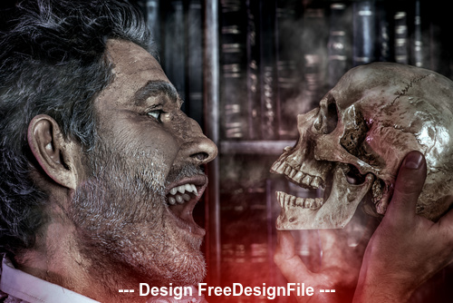 Old medieval scientist with skull and Halloween Stock Photo 02