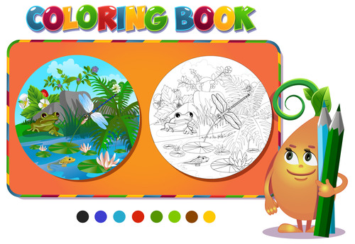 Painting frog and river coloring book vector