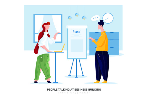 People talking at besiness building cartoon illustration vector