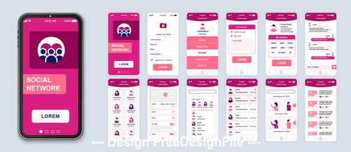 Red Background Social Mobile App Ui Kit Screen vector