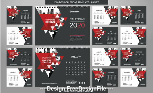 Red triangle new year wall calendar template vector