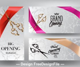 Ribbon cutting ceremony invitation cards with scissors and silk ribbons vector