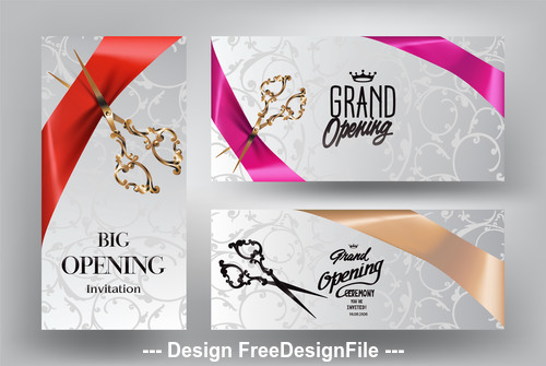 Ribbon cutting ceremony invitation cards with scissors and silk ribbons vector