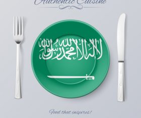 Saudi Arabia authentic cuisine and flag circ icon vector