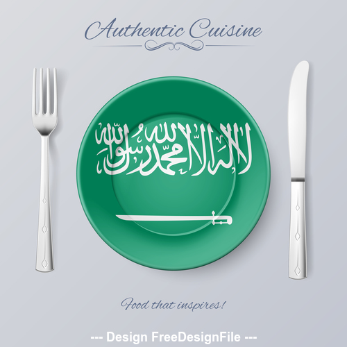 Saudi Arabia authentic cuisine and flag circ icon vector