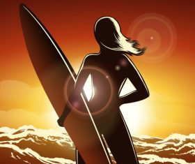 Surfer girl on a beach silhouette vector
