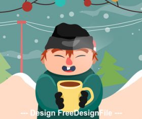 Winter outdoor drink coffee cartoon illustration vector