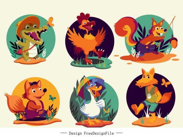 Animals species icons stylized cartoon characters vector
