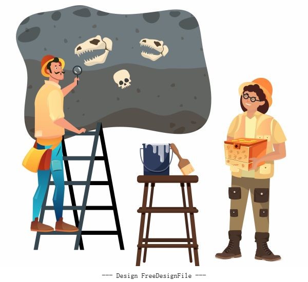 Archaeologist work icons explorer dinosaur fossil cartoon set vector