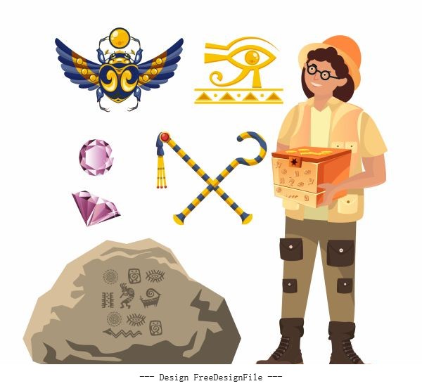 Archaeology work elements explorer ancient symbols vector