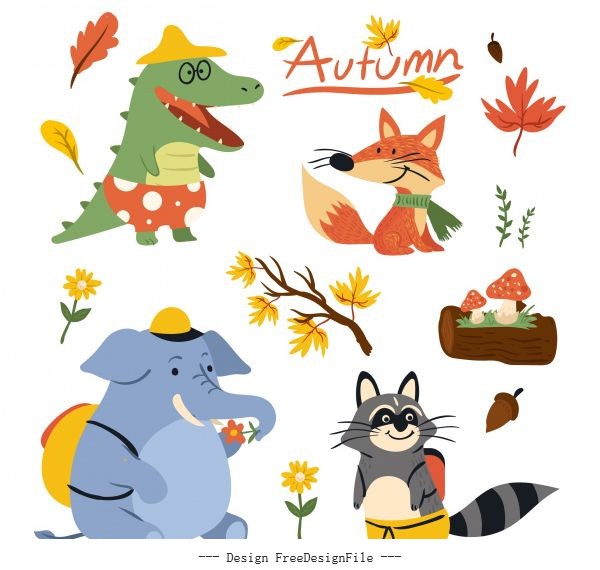 Autumn icons cute colored stylized cartoon design vectors