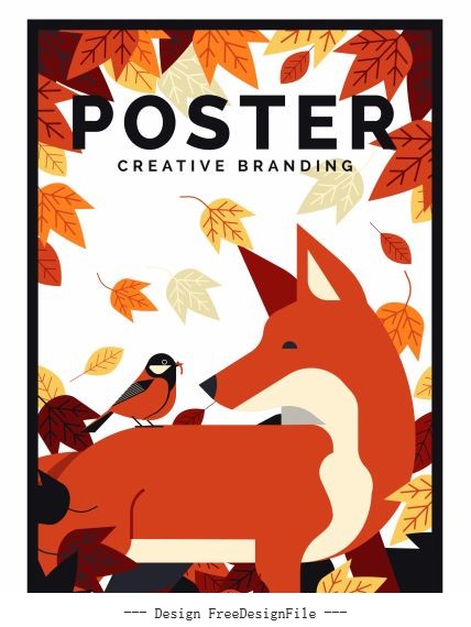 Autumn poster classical colored leaves fox bird decor vector material