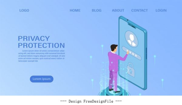 Banner protect data and confidentiality on mobile privacy protection and security are confidentiality flat isometric illustration vector