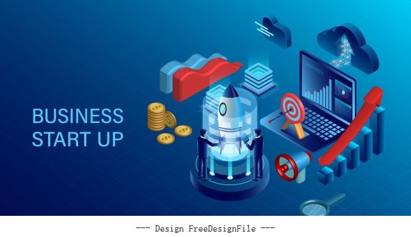 Banner with business start up concept digital marketing business success goal isometric illustration cartoon vectors