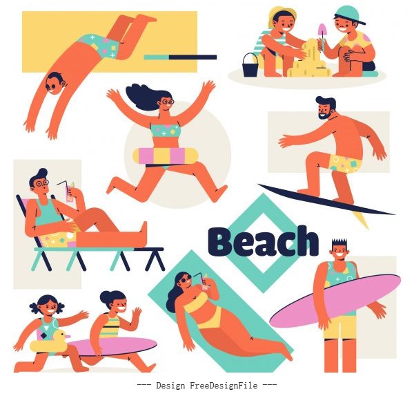 Beach activities icons colored cartoon characters vector