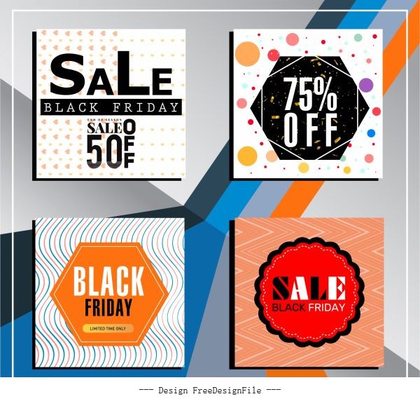 Black friday backgrounds colorful modern illusion decor set vector