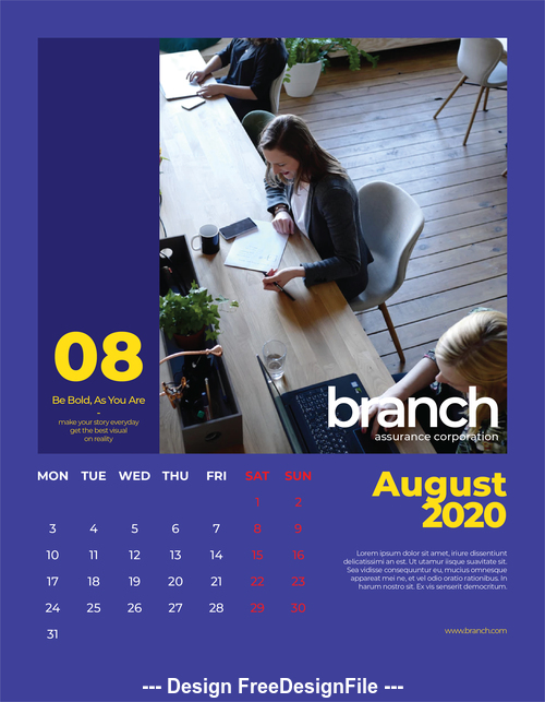 Branch Assurance Wall Calendar 2020 vector