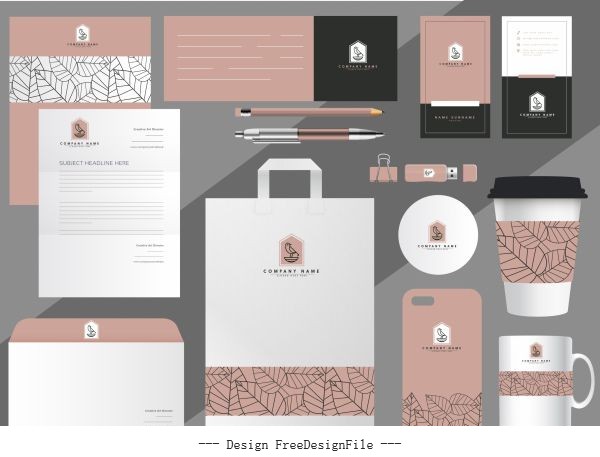 Branding identity sets classical handdrawn flat leaves decor vectors
